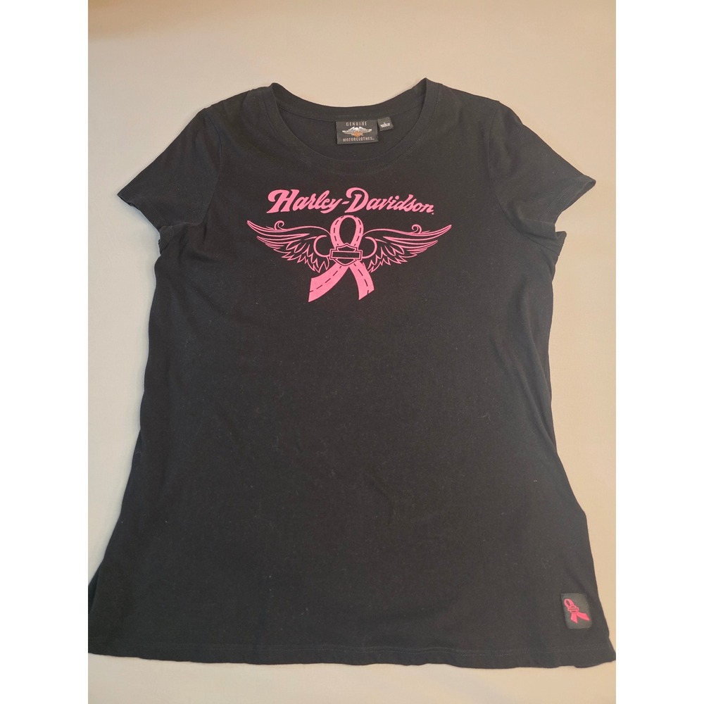 Harley-Davidson Womens Black Pink Awareness Ribbon Winged Graphic T-Shirt L
